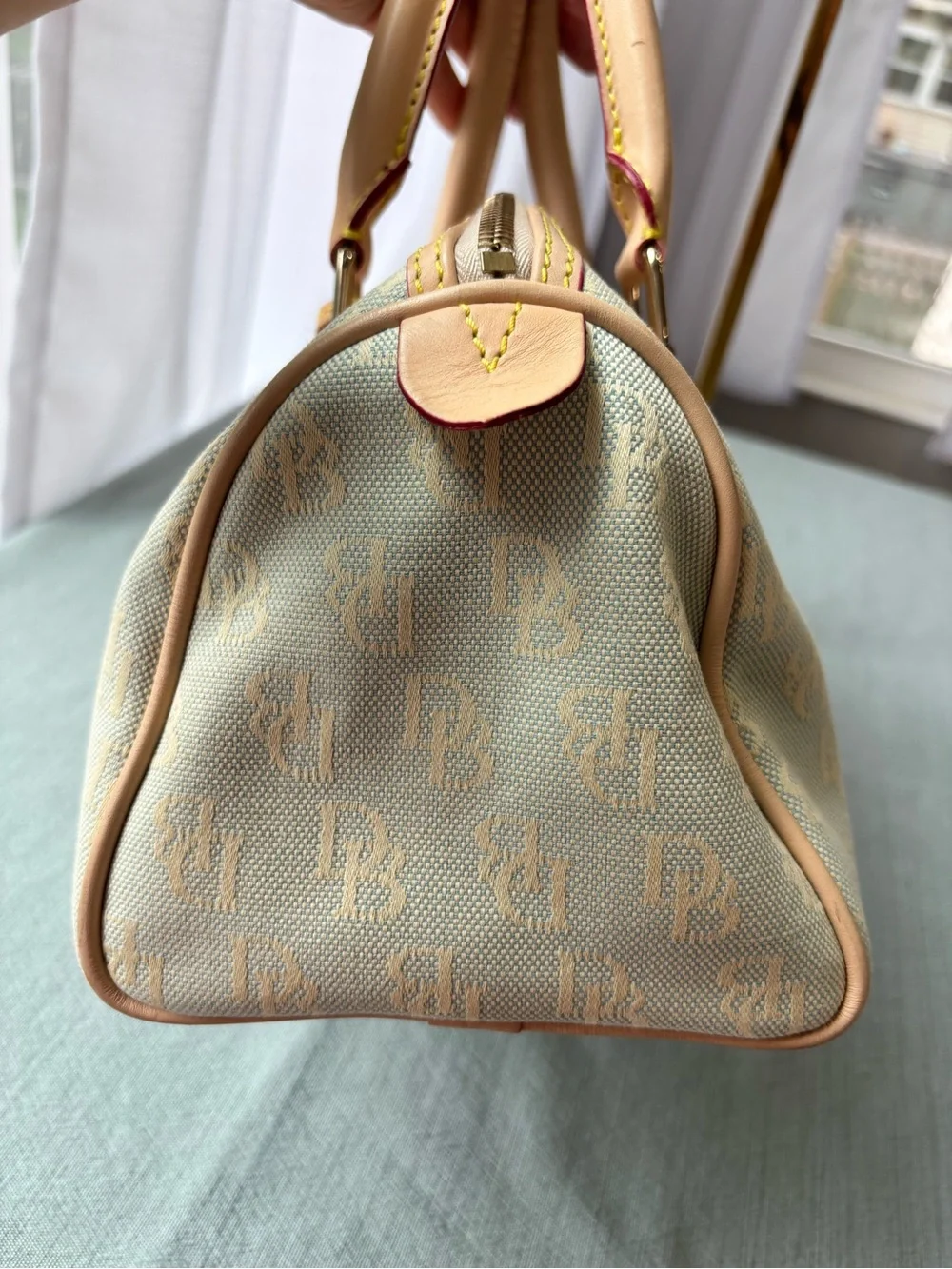 Vintage Dooney Bourke Light Blue Logo Satchel with Vacchetta Leather Trim Tassel